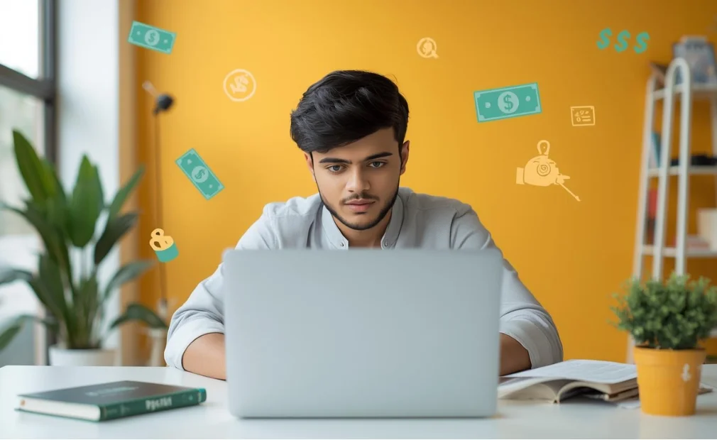 Indian-student-laptop-par-padhai-ke-sath-online-earning-ke-option-par-kaam-karta-hua.