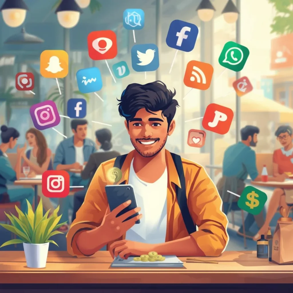 Indian-youth-smartphone-ke-through-social-media-apps-se-mobile-earning-karta-hua.