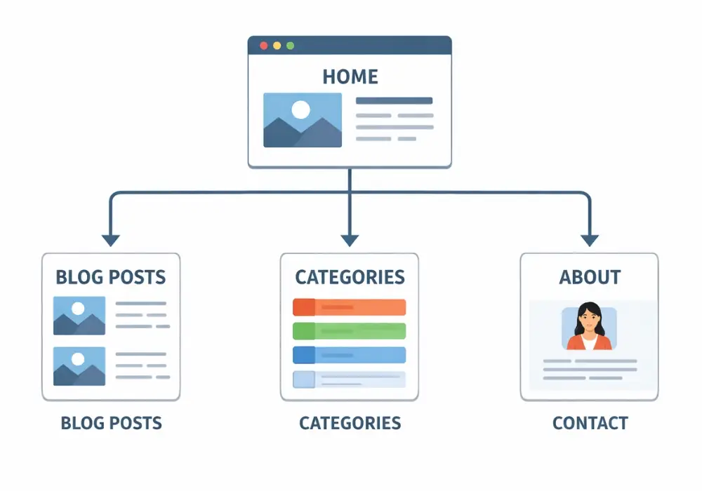 Blog website structure diagram showing homepage posts categories about and contact page
