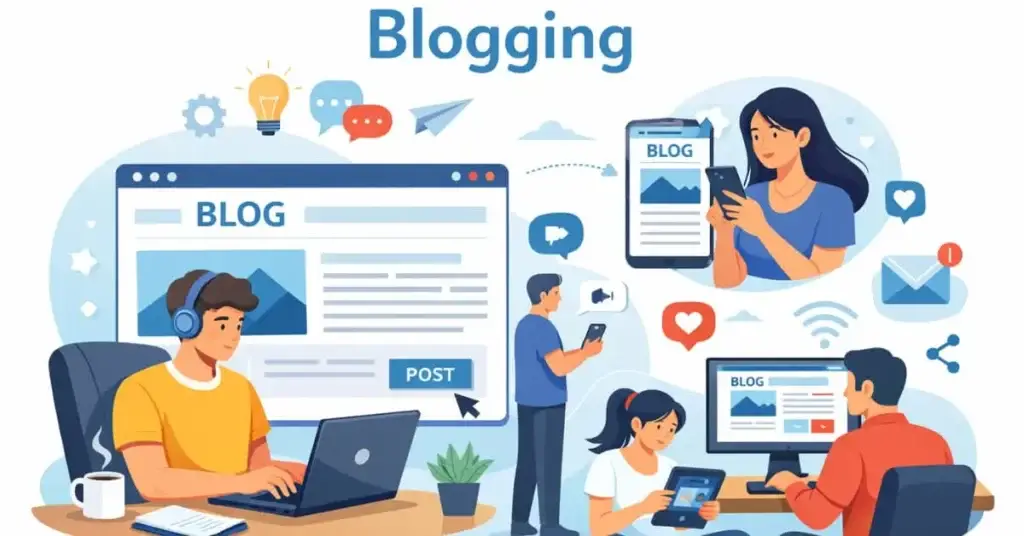 Blogging kya hai concept illustration showing blogger writing and publishing blog posts online