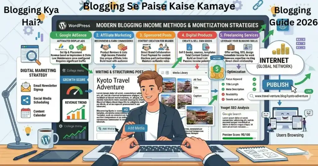 Blogging-se-paise-kamane-ke-tarike-dikhata-modern-infographic-with-blogger-SEO-aur-monetization-methods.webp