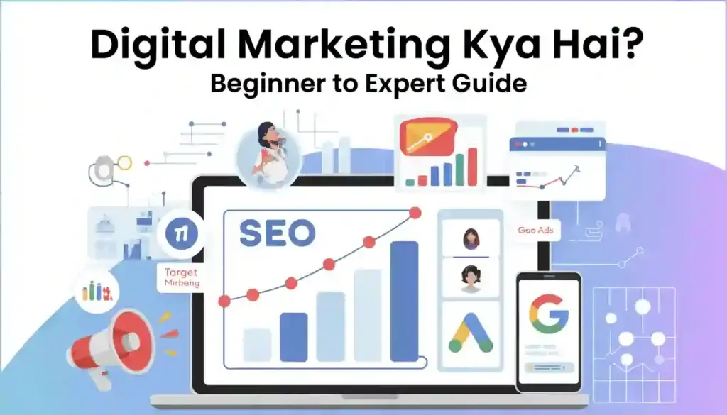 Digital Marketing kya hai guide feature image with SEO, social media marketing, analytics aur online growth concept