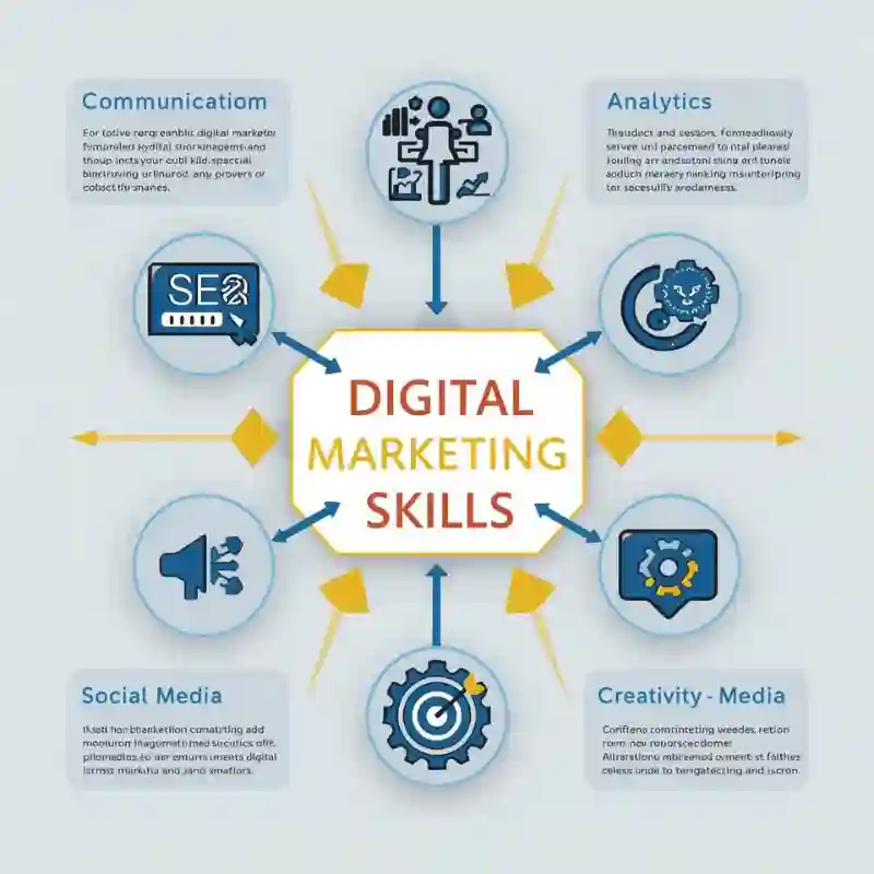 Digital marketing skills infographic with communication, SEO, analytics, social media, and creativity icons.