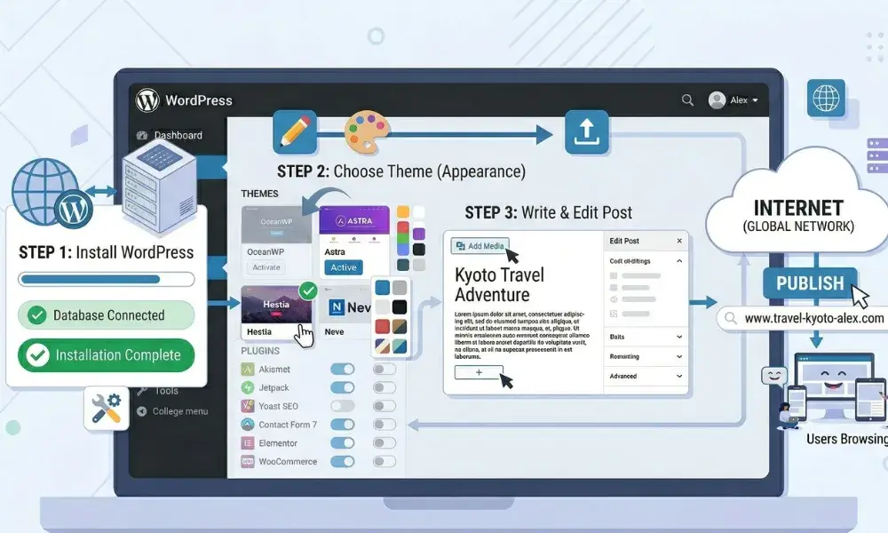 WordPress blog setup process illustration