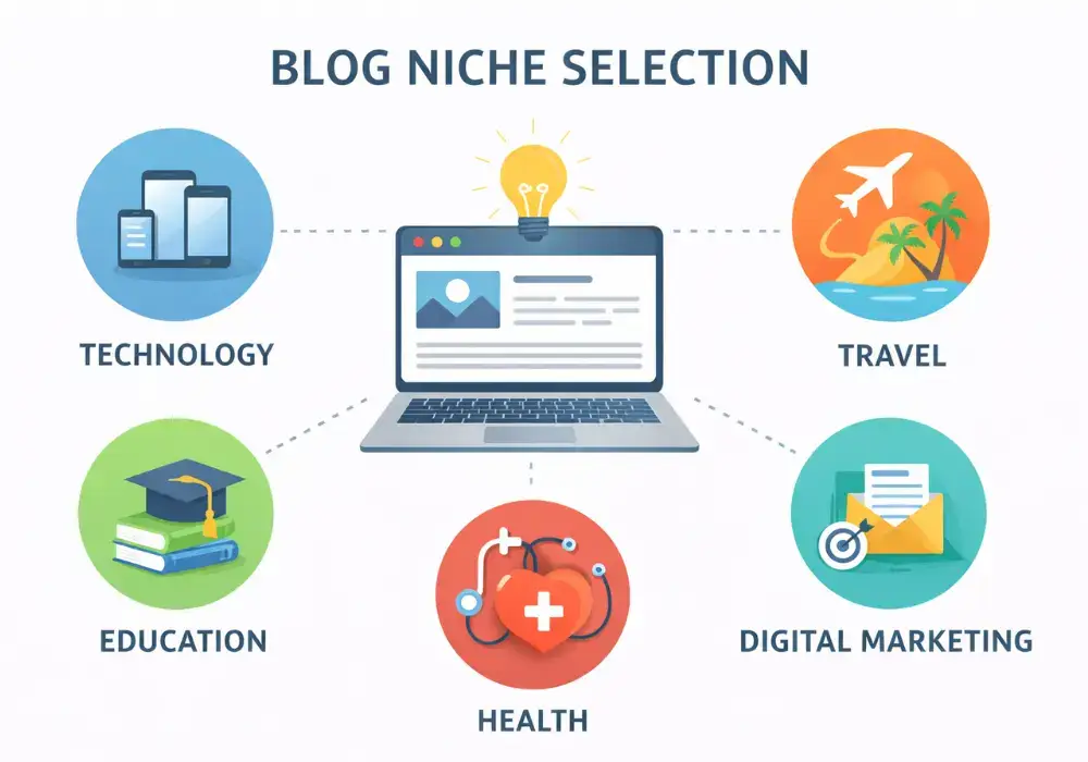 blog niche selection illustration showing different blogging topics