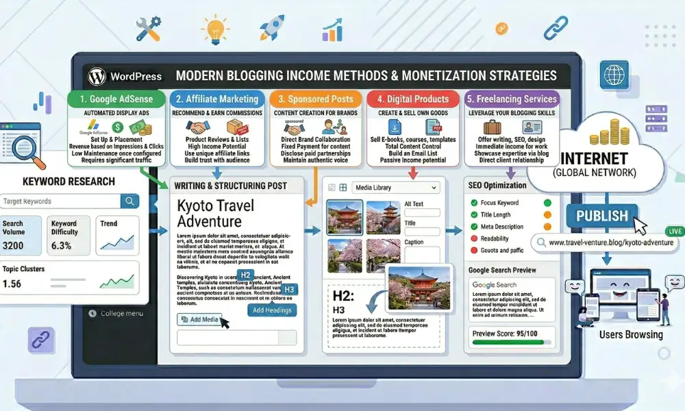 blogging earning methods illustration showing different ways to make money from blogging